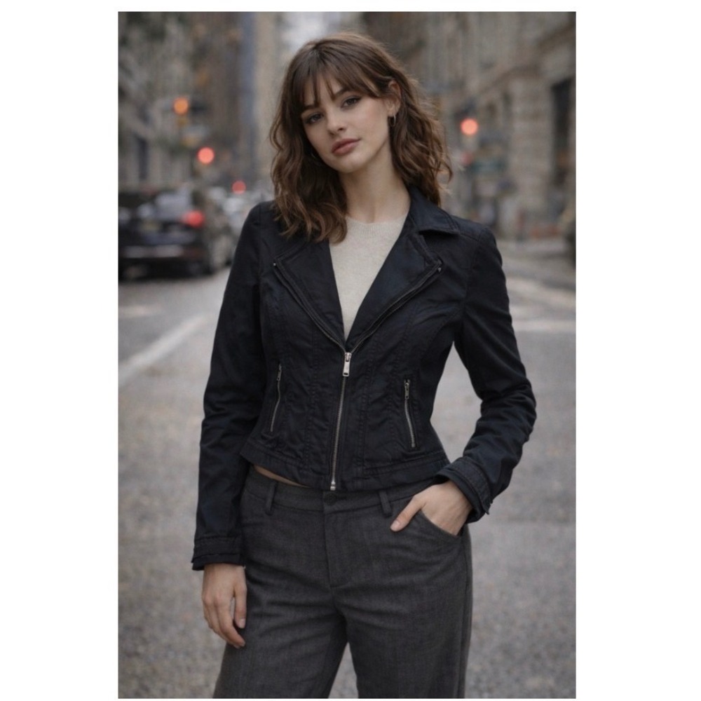 White House Black Market Black Ruffle Peplum Zip Front Gothic Biker Style Jacket